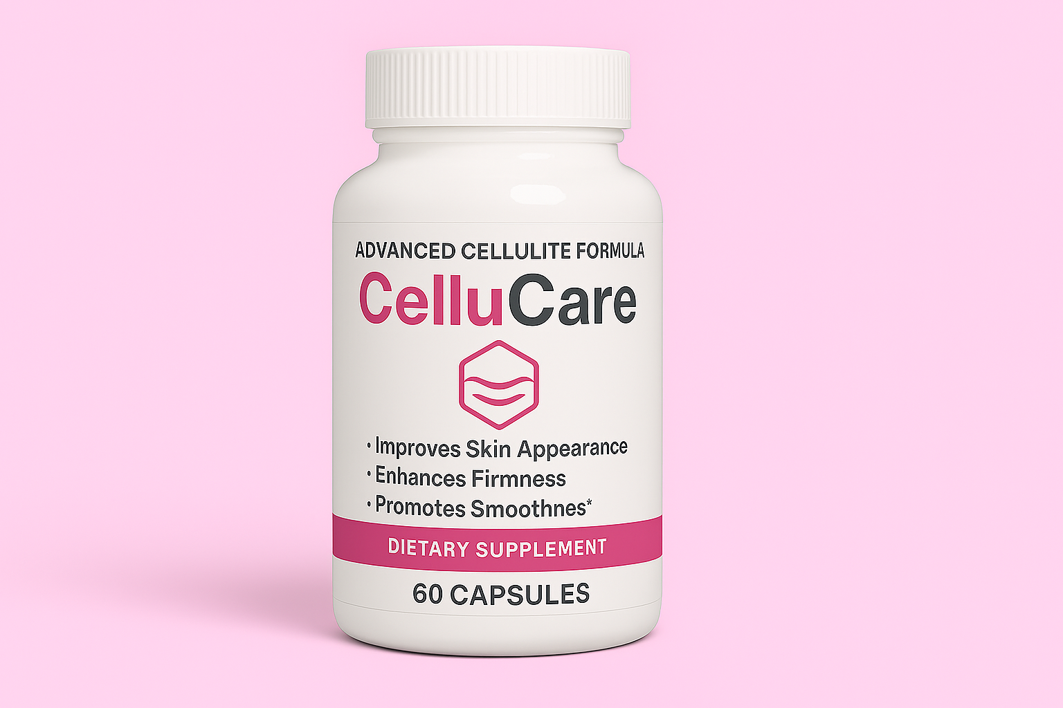 A before-and-after image showcasing a reduction in the appearance of cellulite on the thighs, with a bottle of the CelluCare supplement or cream elegantly displayed next to its key natural ingredients like Gotu Kola and Horse Chestnut.