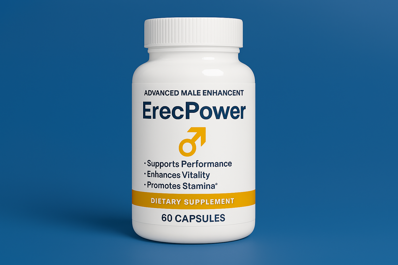 A bottle of the ErecPower men's vitality supplement shown with its key natural ingredients like Tribulus Terrestris and Tongkat Ali, set against a backdrop of a confident and energetic man.