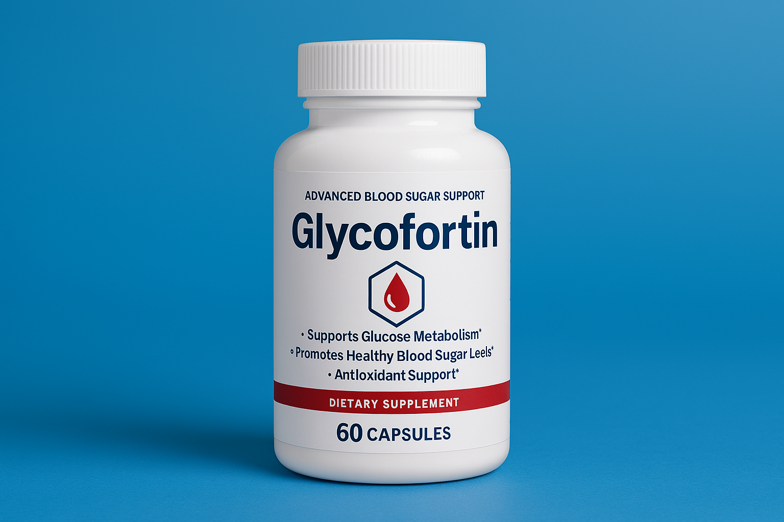 A bottle of the GlycoFortin supplement is prominently displayed, with a background of natural ingredients such as gymnema leaf and grape seed, and a person with a healthy and energetic appearance in the background.