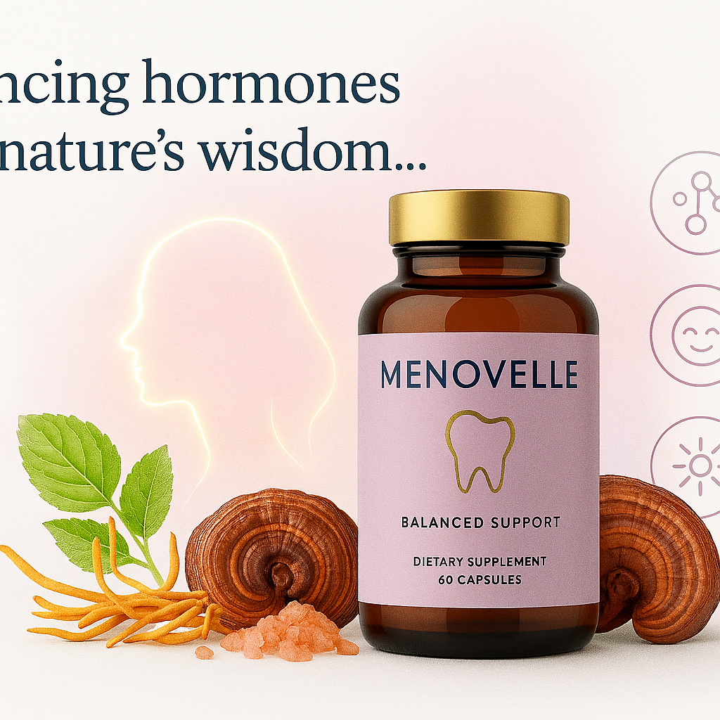 Menovelle supplement bottle with botanical elements and a serene background, symbolizing natural menopause support.