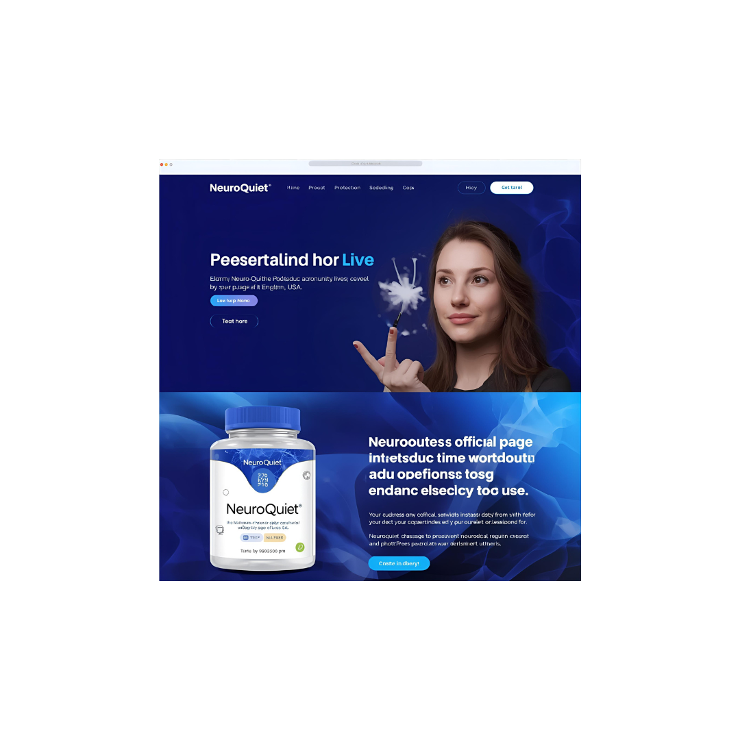 NeuroQuiet supplement bottle with natural ingredients and calming blue tones, symbolizing ear and brain support.