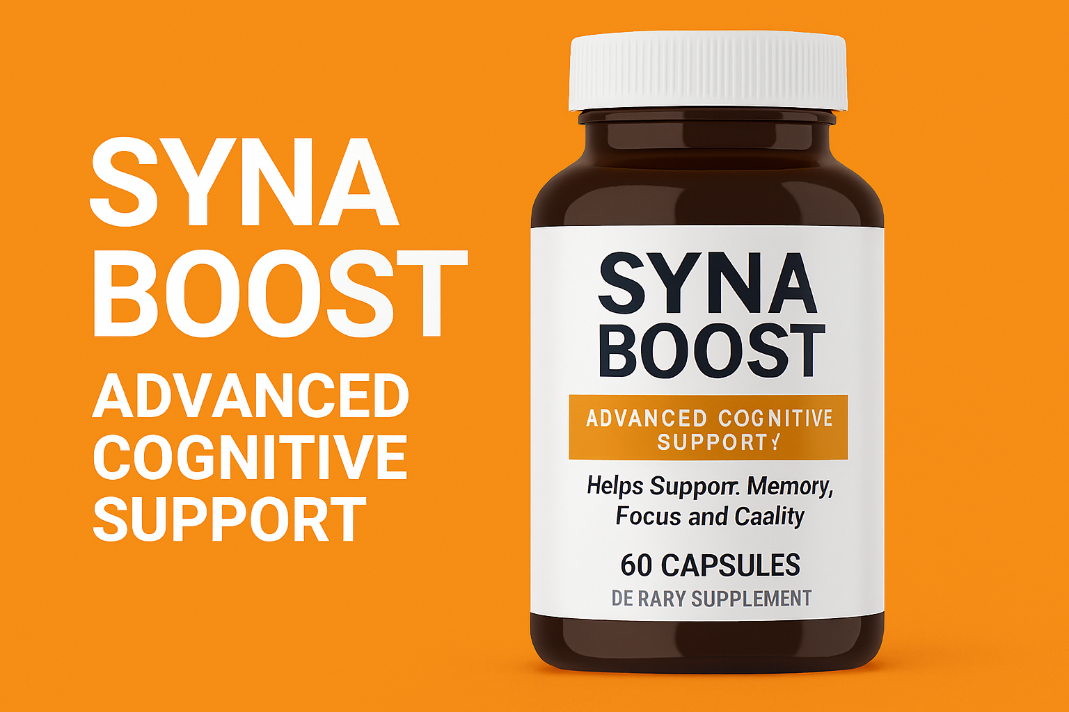 Syna Boost bottle displayed on a clean white surface with a calming blue gradient background, featuring botanical elements and molecular graphics. The label highlights “Advanced Cognitive Support” and the tagline “Unlock Your Brain’s Full Potential.” Professional and trustworthy visual for a brain health s
