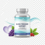 A clean, professional image of a 'Blood Pressure Support' supplement bottle with a transparent background. The label is a calming blue and green, and the bottle is surrounded by artistic illustrations of heart-healthy ingredients like hawthorn berry and garlic, with a subtle graphic in the background symbolizing healthy circulation