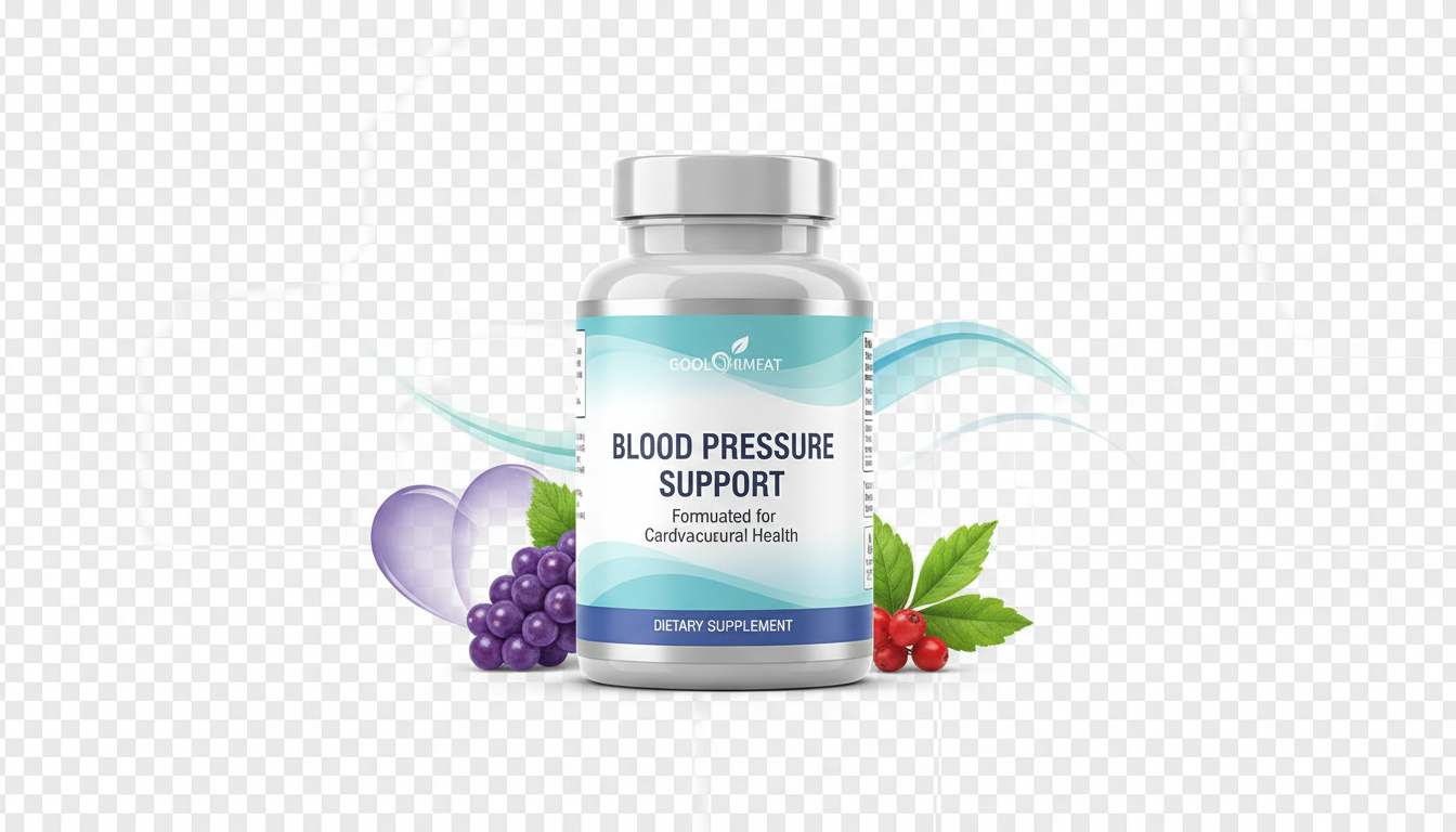 A clean, professional image of a 'Blood Pressure Support' supplement bottle with a transparent background. The label is a calming blue and green, and the bottle is surrounded by artistic illustrations of heart-healthy ingredients like hawthorn berry and garlic, with a subtle graphic in the background symbolizing healthy circulation