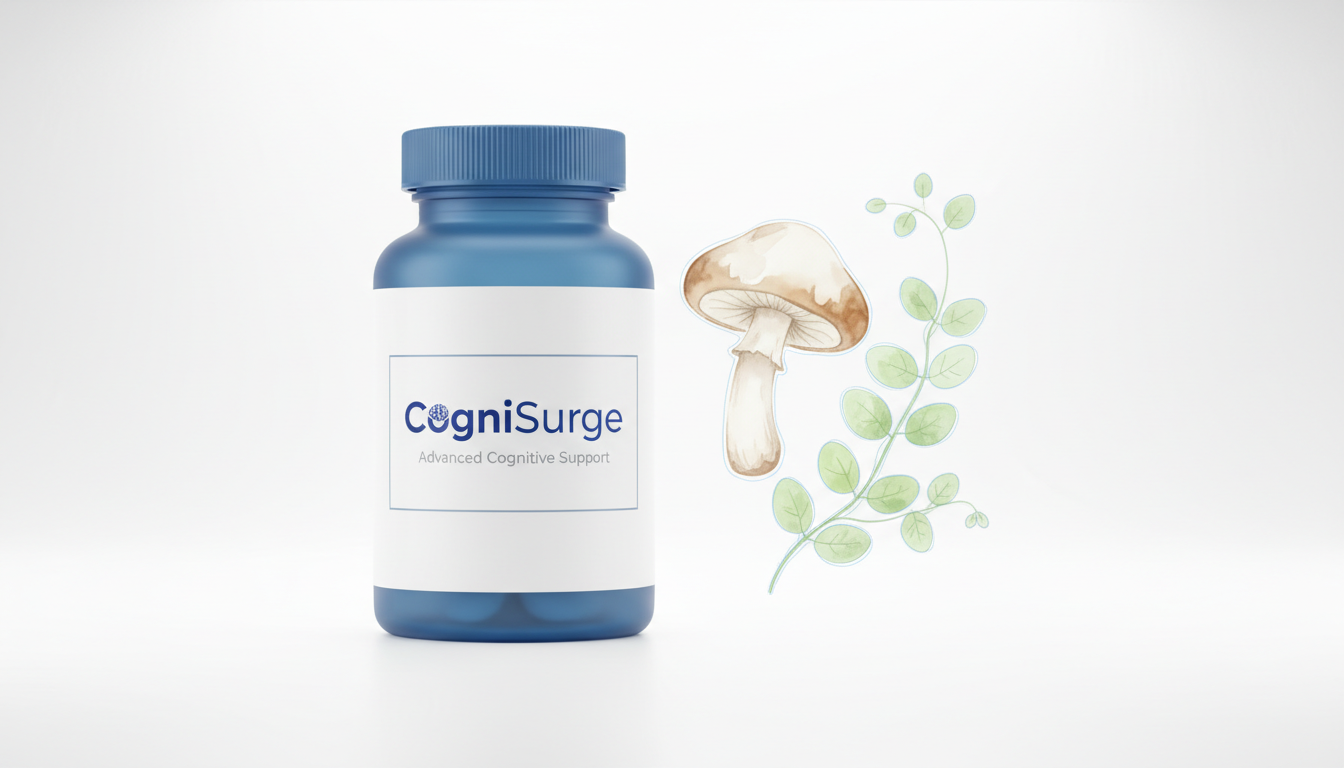 A bottle of CogniSurge, a natural brain health supplement, is featured prominently against a clean, bright background. The image highlights the product's natural ingredients, with subtle visual cues of Lion's Mane mushroom and Bacopa Monnieri, suggesting its focus on memory, clarity, and cognitive support.