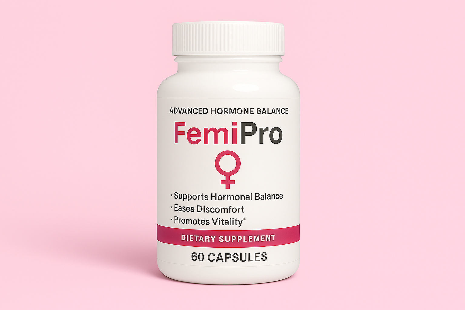 : A bottle of FEM PRO women's probiotic supplement, surrounded by organic saffron flowers and other natural ingredients, with a background image of a vibrant, healthy woman enjoying an active lifestyle.