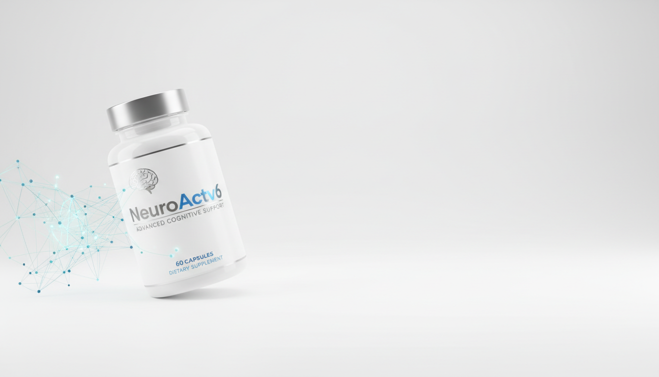 A container of NeuroActv6 nootropic powder supplement is displayed against a clean, clinical background. The image highlights the product's focus on brain health, with subtle graphics suggesting neural activity and improved cognitive function.