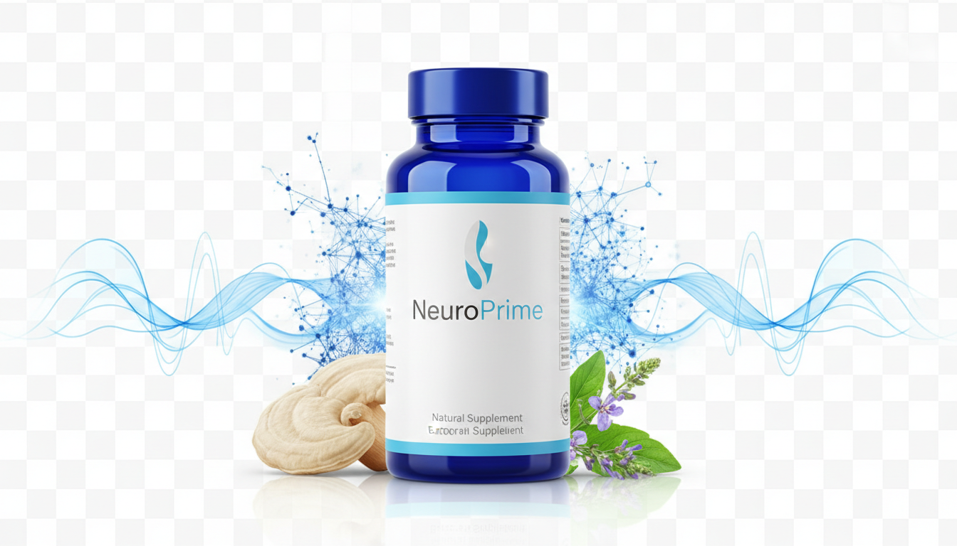 A sleek, modern bottle of NeuroPrime cognitive enhancement supplement is showcased against a clean, transparent background. The image features subtle neural network graphics and key natural ingredients like Lion's Mane Mushroom and Bacopa Monnieri, highlighting the product's focus on brain health and natural formulation