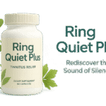 A bottle of Ring Quiet Plus, a natural supplement for tinnitus relief, is displayed prominently against a calm and serene background, suggesting tranquility and auditory peace.