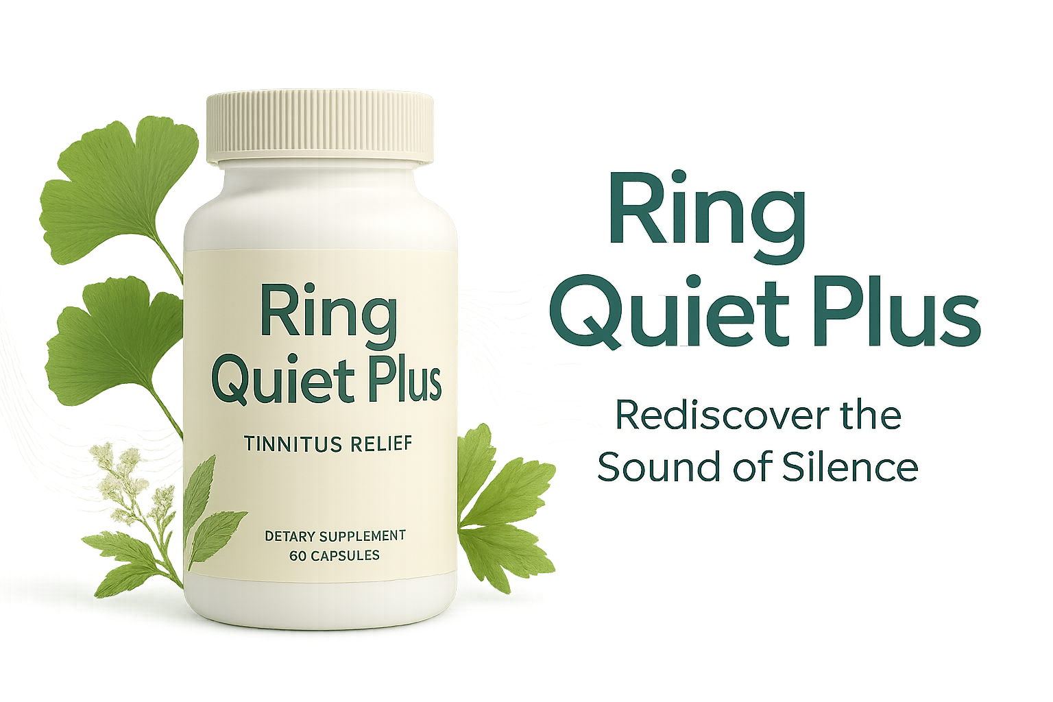 A bottle of Ring Quiet Plus, a natural supplement for tinnitus relief, is displayed prominently against a calm and serene background, suggesting tranquility and auditory peace.