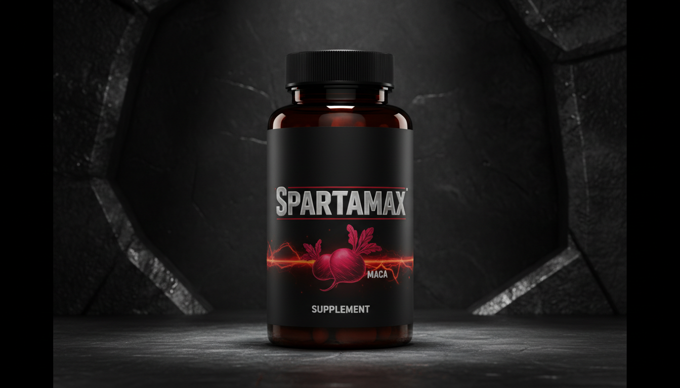A bold product shot of the Spartamax men's performance supplement bottle, set against a dark, textured background. The dramatic lighting emphasizes the strong, confident branding, conveying a sense of power, energy, and vitality.