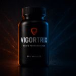 A dynamic and professional shot of the Vigortrix male performance supplement bottle, set against a dark, modern background to emphasize power and energy.
