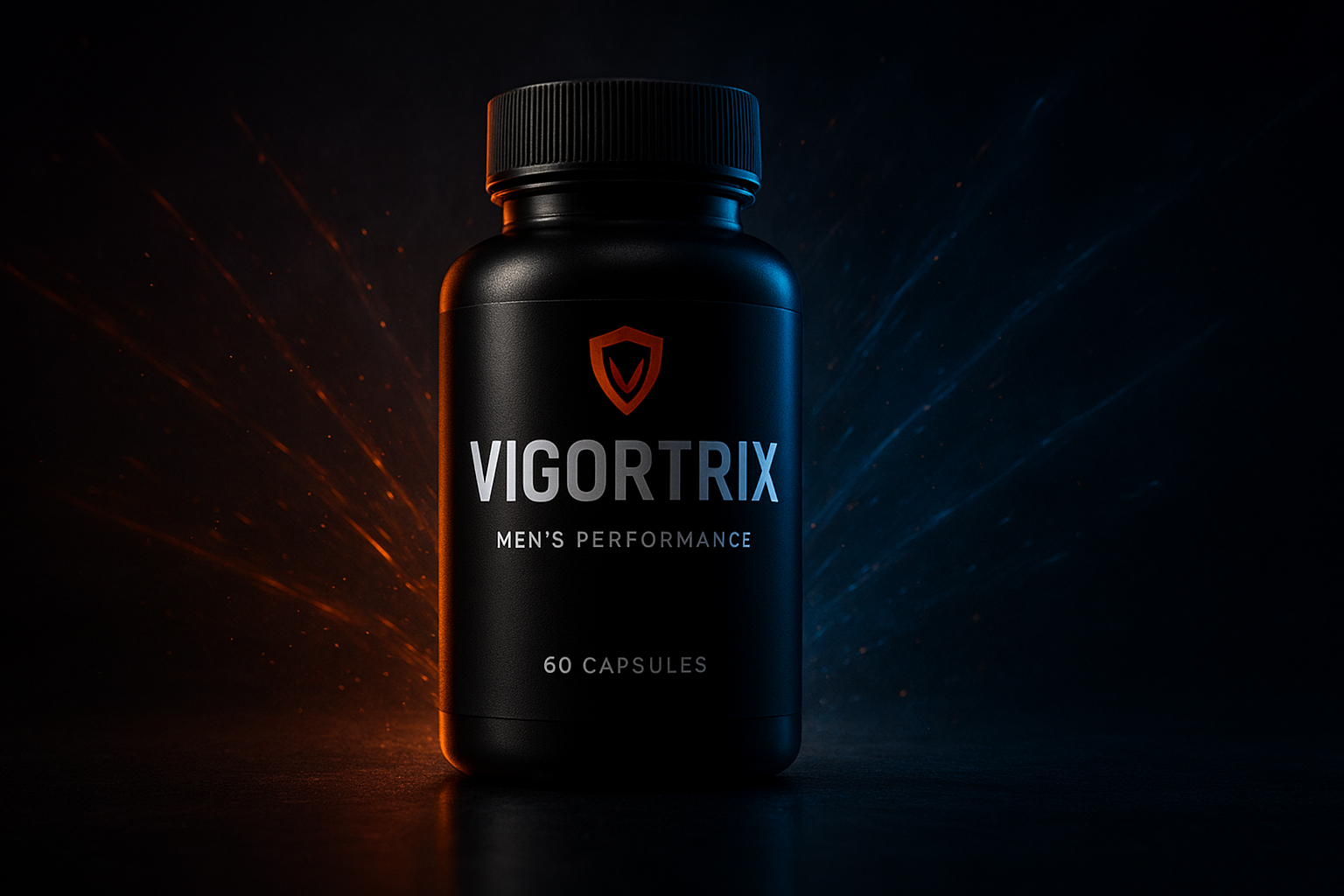 A dynamic and professional shot of the Vigortrix male performance supplement bottle, set against a dark, modern background to emphasize power and energy.