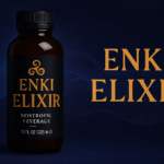 Enki Elixir nootropic beverage bottle with cosmic background and golden branding