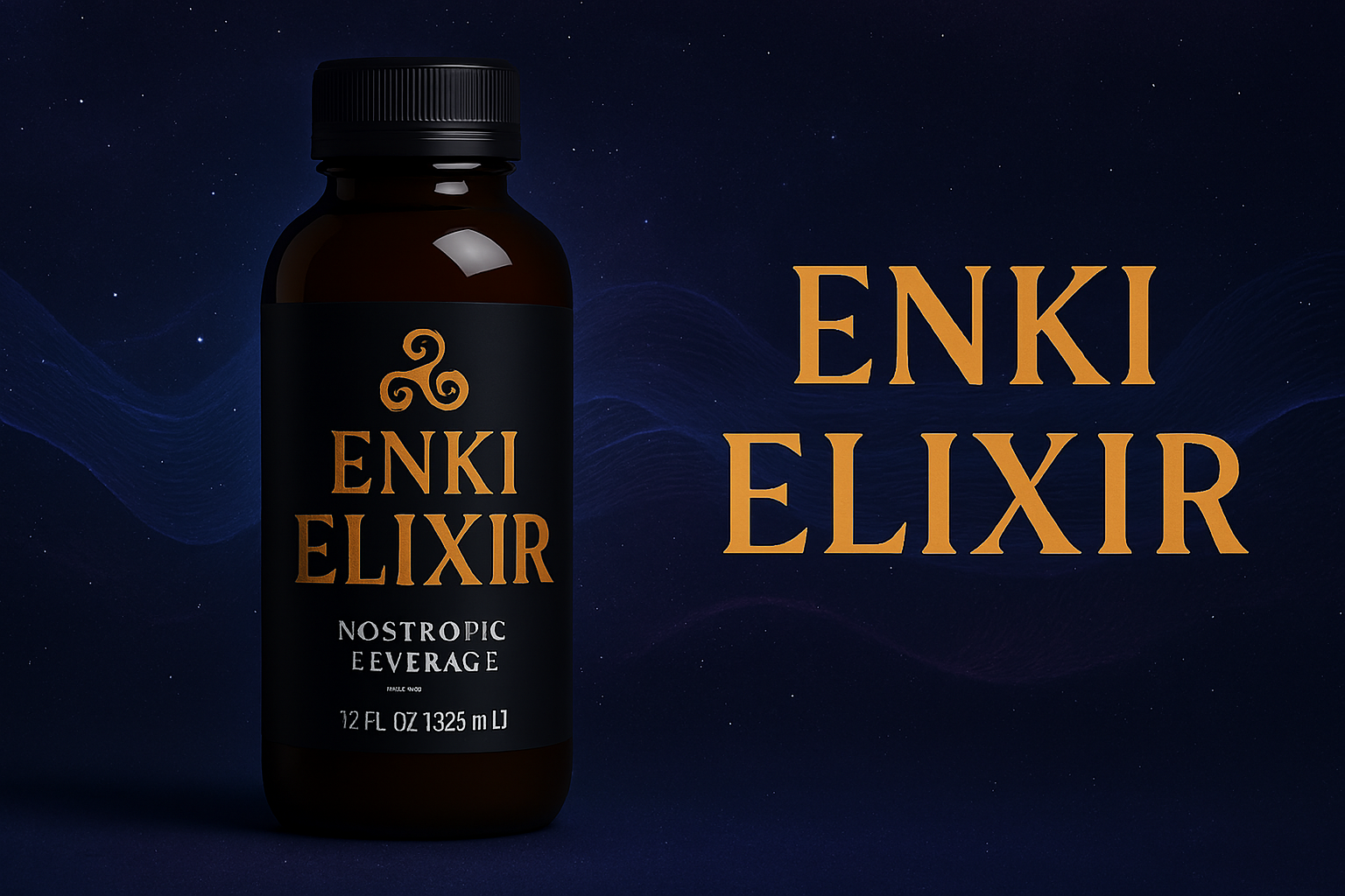 Enki Elixir nootropic beverage bottle with cosmic background and golden branding