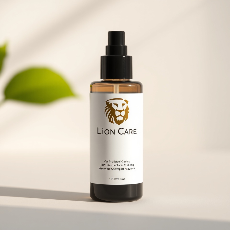A professionally lit product shot of a sleek Lion Care bottle, suggesting a high-quality skin or hair care product.